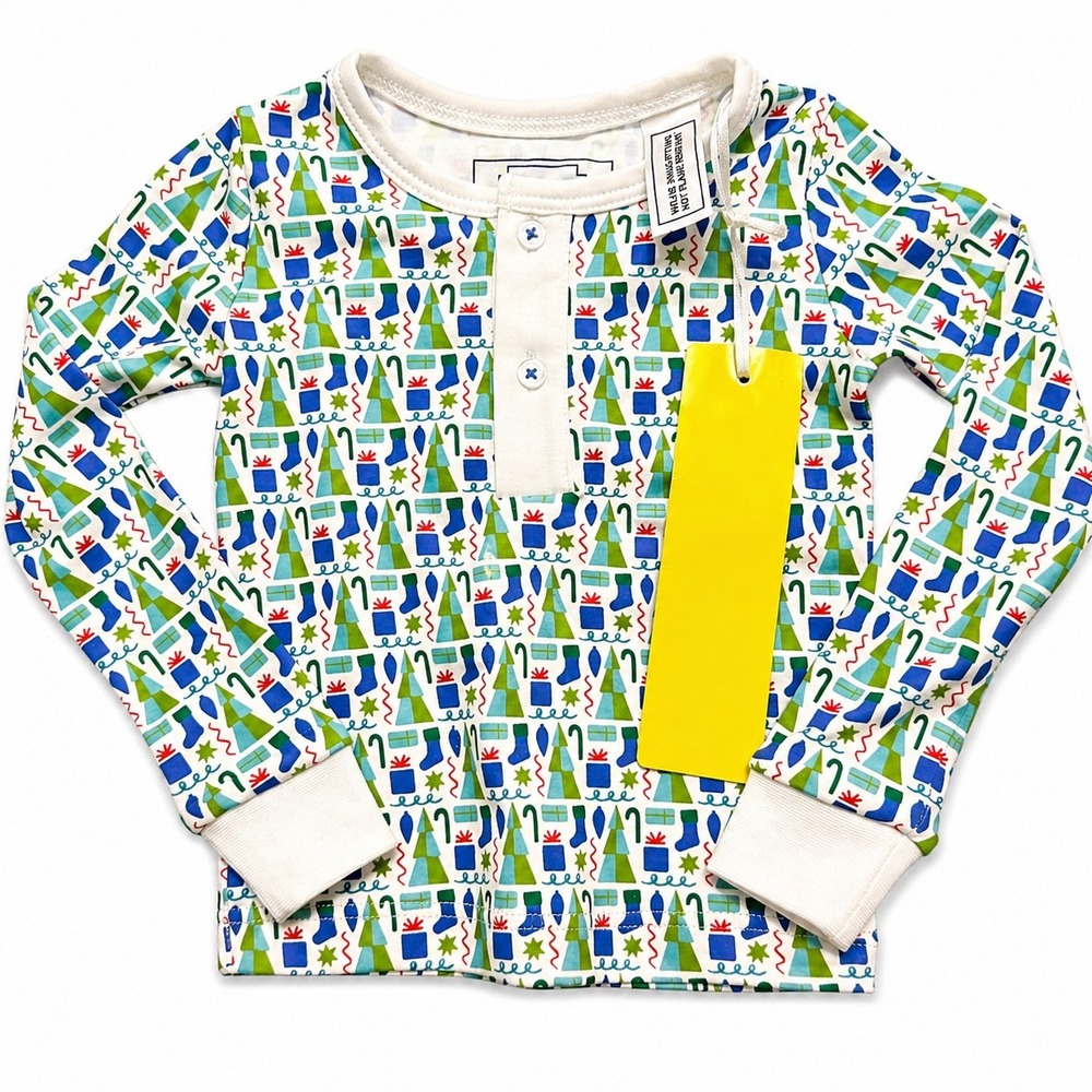 Lila and Hayes Kids Christmas Pima Cotton Henley Pajama Top Blue Green 6-12M NWT